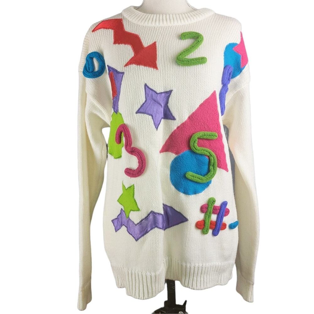 Vintage 90s Gitano Ivory Sweater Colorful Applique Geometric Shapes Numbers M
